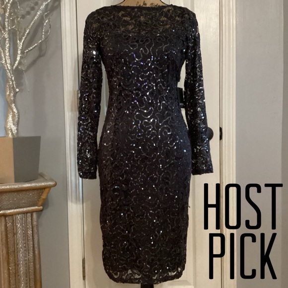 MARINA Dresses & Skirts - Illusion Neck Sequin Lace Dress